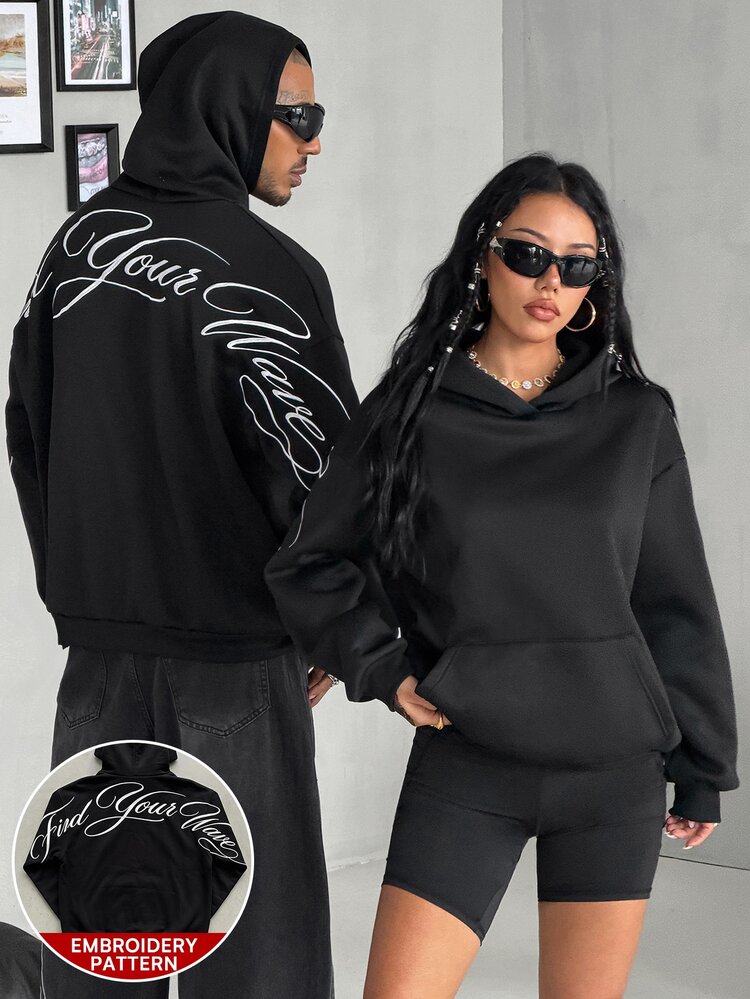 Coolane Women's Fall/Winter Streetwear Casual Black Thermal Lined Script Graphic Long Sleeve Oversized Hooded Polyester Sweatshirt With Pockets - Black - View 6