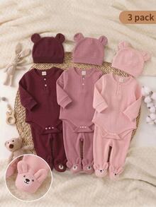 SHEIN 1 SET Newborn Long Sleeve Jumpsuit And Footed Pants With Cute Hat Home Wear Set, Cute Bear Embroidery Pattern, Best Gift For Newborns, Best Gift For Newborns - Baby Pink - View 9