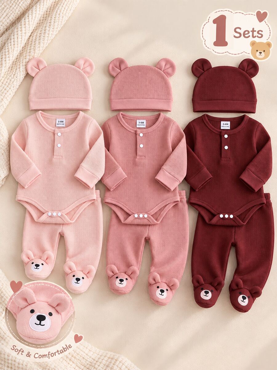 SHEIN 1 SET Newborn Long Sleeve Jumpsuit And Footed Pants With Cute Hat Home Wear Set, Cute Bear Embroidery Pattern, Best Gift For Newborns, Best Gift For Newborns - Baby Pink - View 1