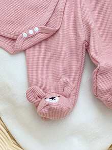 SHEIN 1 SET Newborn Long Sleeve Jumpsuit And Footed Pants With Cute Hat Home Wear Set, Cute Bear Embroidery Pattern, Best Gift For Newborns, Best Gift For Newborns - Baby Pink - View 5