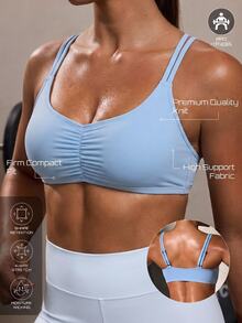 Solea Cove Solea Cove Bra Olahraga Wanita Warna Biru Muda dengan Tali Tipis Ganda dan Detail Kerut untuk Gym, Musim Panas, dan Atletik. - Biru Langit - View 5