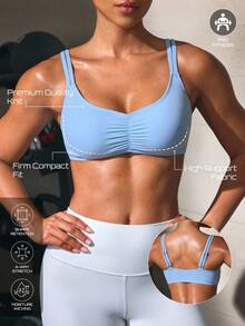 Solea Cove Solea Cove Bra Olahraga Wanita Warna Biru Muda dengan Tali Tipis Ganda dan Detail Kerut untuk Gym, Musim Panas, dan Atletik. - Biru Langit - View 2
