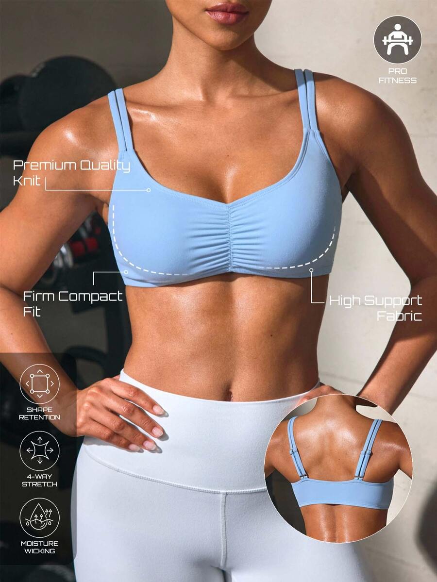 Solea Cove Solea Cove Bra Olahraga Wanita Warna Biru Muda dengan Tali Tipis Ganda dan Detail Kerut untuk Gym, Musim Panas, dan Atletik.