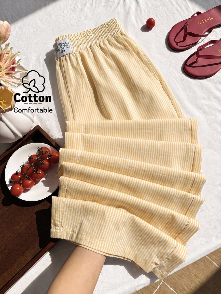 Comfortcana 新款黃色條紋舒適棉混紡休閒大尺碼寬腿長褲 秋季 - 黃色 - 查看 1