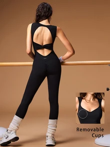 VARSIVA Jumpsuit Atletik Tanpa Lengan dengan Desain Simpul di Bagian Belakang untuk Wanita, Pakaian Olahraga Aktif. - Hitam - View 2
