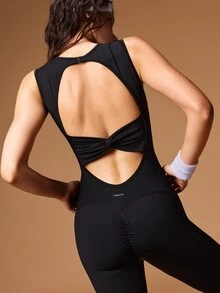 VARSIVA Jumpsuit Atletik Tanpa Lengan dengan Desain Simpul di Bagian Belakang untuk Wanita, Pakaian Olahraga Aktif. - Hitam - View 5
