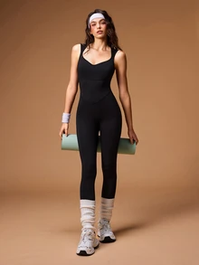 VARSIVA Jumpsuit Atletik Tanpa Lengan dengan Desain Simpul di Bagian Belakang untuk Wanita, Pakaian Olahraga Aktif. - Hitam - View 10