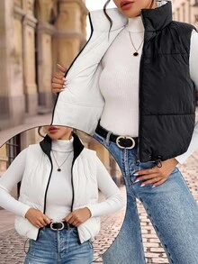 Brillora 女士休闲双面无袖撞色立领棉服外套，秋冬 - 黑與白 - 查看 1