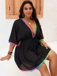 Slaydiva Plus Size Women's Vacation Pom Pom Trim Batwing Sleeve Cover-Up Dress Beach Vacation Vacation Black Summer Boho Sexy Bohemian - Black - View 5