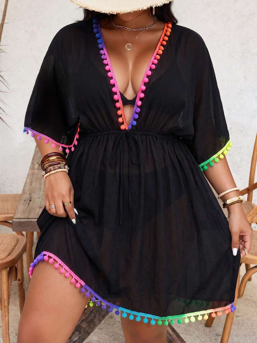 Slaydiva Plus Size Women's Vacation Pom Pom Trim Batwing Sleeve Cover-Up Dress Beach Vacation Vacation Black Summer Boho Sexy Bohemian