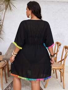 Slaydiva Plus Size Women's Vacation Pom Pom Trim Batwing Sleeve Cover-Up Dress Beach Vacation Vacation Black Summer Boho Sexy Bohemian - Black - View 3