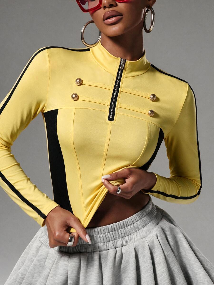Gowayae Gowayae American Style Colorblock Stand Collar Zip-Up Crop Top With Gold Buttons And Side Trim Long Sleeve T-Shirt - Yellow - View 1