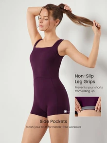GLOWMODE 2.6'' ButterFit Sweat-Wicking Quick-Dry Tummy Control Cutout Back Workout Romper Bodyduit With Side Pockets Non-Slip Grips Yoga Pilates - Cherry Cola - View 5