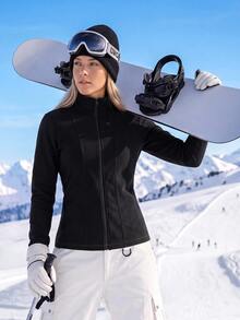 In My Nature Women's Solid Color Stand Collar Zipper Casual Daily Long Sleeve Outdoor Fleece Jacket - Black - View 5