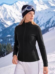 In My Nature Women's Solid Color Stand Collar Zipper Casual Daily Long Sleeve Outdoor Fleece Jacket - Black - View 7