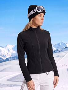 In My Nature Women's Solid Color Stand Collar Zipper Casual Daily Long Sleeve Outdoor Fleece Jacket - Black - View 3