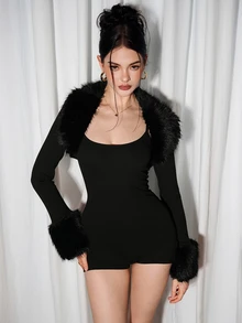 Sweetina Women's Solid Color Camisole Dress And Plush Patchwork Cardigan 2 Pieces Set - Black - View 6