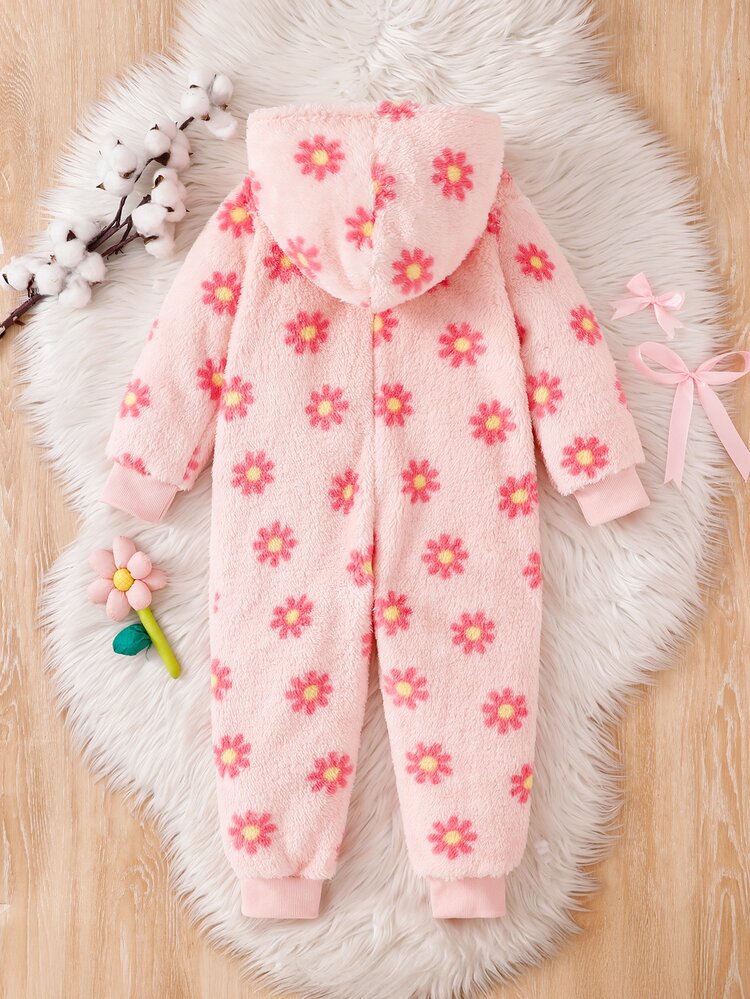 Girls Toddler Cute Elegant Playful Sweet Pink Floral Plush Jumpsuit Loungewear - Pink - View 2
