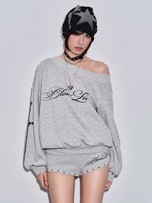 ROMWE Y2K Subculture Cross Print Slogan Sweatshirt & Super Short Shorts Casual Versatile All-Match Women 2 Pieces Set - Light Grey - View 7