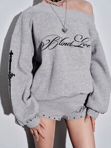 ROMWE Y2K Subculture Cross Print Slogan Sweatshirt & Super Short Shorts Casual Versatile All-Match Women 2 Pieces Set - Light Grey - View 10
