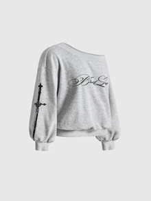 ROMWE Y2K Subculture Cross Print Slogan Sweatshirt & Super Short Shorts Casual Versatile All-Match Women 2 Pieces Set - Light Grey - View 3