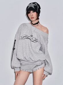 ROMWE Y2K Subculture Cross Print Slogan Sweatshirt & Super Short Shorts Casual Versatile All-Match Women 2 Pieces Set - Light Grey - View 8
