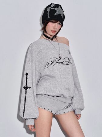 Y2K Subkultur Kreuz-Muster Slogan Sweatshirt & Super kurze Shorts Lässig vielseitig All-Match Damen 2 Stücke Set