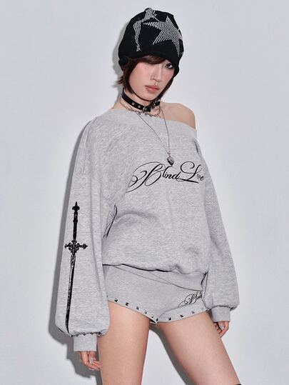 Y2K Subculture Cross Print Slogan Sweatshirt & Super Short Shorts Casual Versatile All-Match Women 2 Pieces Set