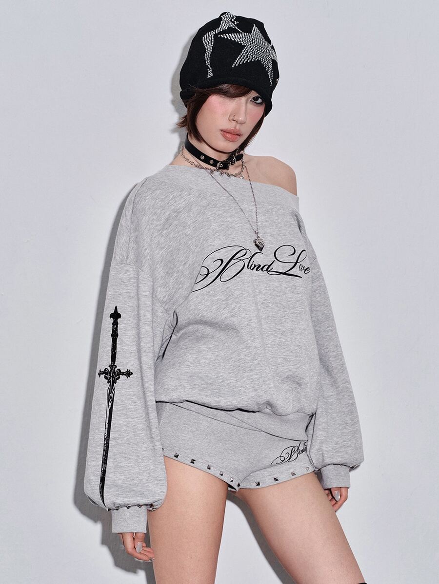ROMWE Y2K Subculture Cross Print Slogan Sweatshirt & Super Short Shorts Casual Versatile All-Match Women 2 Pieces Set - Light Grey - View 1