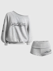 ROMWE Y2K Subculture Cross Print Slogan Sweatshirt & Super Short Shorts Casual Versatile All-Match Women 2 Pieces Set - Light Grey - View 2