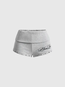ROMWE Y2K Subculture Cross Print Slogan Sweatshirt & Super Short Shorts Casual Versatile All-Match Women 2 Pieces Set - Light Grey - View 4