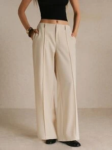 Poéselle Women's Solid Color Toothpick Stripe Design Wide Leg Loose Long Pants - Apricot - View 3