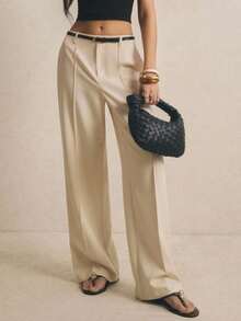 Poéselle Women's Solid Color Toothpick Stripe Design Wide Leg Loose Long Pants - Apricot - View 6