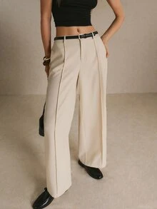 Poéselle Women's Solid Color Toothpick Stripe Design Wide Leg Loose Long Pants - Apricot - View 4