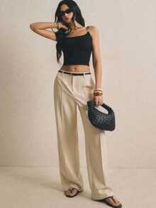 Poéselle Women's Solid Color Toothpick Stripe Design Wide Leg Loose Long Pants - Apricot - View 1