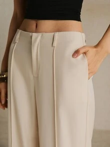 Poéselle Women's Solid Color Toothpick Stripe Design Wide Leg Loose Long Pants - Apricot - View 2