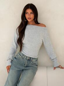 Aloruh Sweater Wanita Lengan Panjang Abu-abu Bermotif Bunga dengan Model Bahu Terbuka dan Potongan Pas Badan untuk Musim Gugur/Dingin - Light Grey - View 5