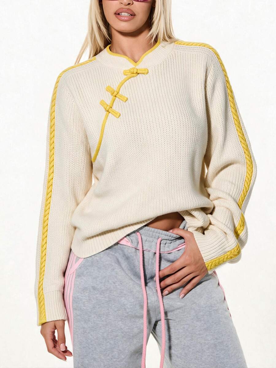 Gowayae Gowayae Autumn/Winter New Chinese Style Sports Casual Ru Yi Button Knit Long Sleeve Pullover Sweater For Women - Apricot - View 1