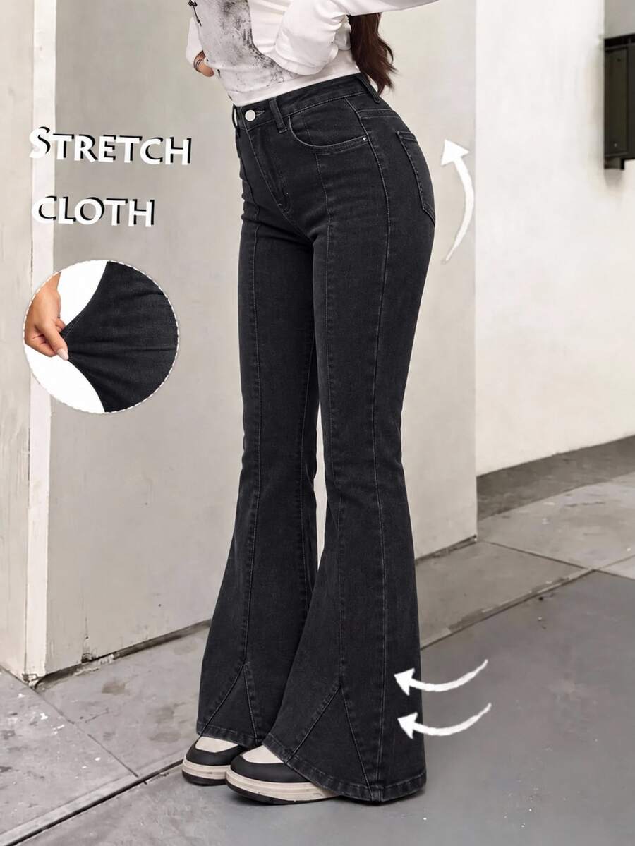 TEEN GIRLS Black Washed Color Street Fashion Denim Jeans For Girls, Washed Distressed Flared Leg Style, Versatile Fashion New Arrival, Stretch Comfortable Premium Cotton Denim Fabric, Flared Leg Style, Daily Versatile Matching With T-Shirts And Sweatshirts, Daily Outings, School, Commute, Gatherings, Spring And Autumn New Arrival - Black - View 1