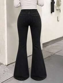 TEEN GIRLS Black Washed Color Street Fashion Denim Jeans For Girls, Washed Distressed Flared Leg Style, Versatile Fashion New Arrival, Stretch Comfortable Premium Cotton Denim Fabric, Flared Leg Style, Daily Versatile Matching With T-Shirts And Sweatshirts, Daily Outings, School, Commute, Gatherings, Spring And Autumn New Arrival - Black - View 4