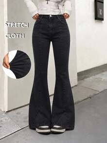 TEEN GIRLS Black Washed Color Street Fashion Denim Jeans For Girls, Washed Distressed Flared Leg Style, Versatile Fashion New Arrival, Stretch Comfortable Premium Cotton Denim Fabric, Flared Leg Style, Daily Versatile Matching With T-Shirts And Sweatshirts, Daily Outings, School, Commute, Gatherings, Spring And Autumn New Arrival - Black - View 3