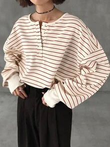 FRIFUL Women's Striped Loose Fit T-Shirt With Cuffed Sleeves - Red - View 5