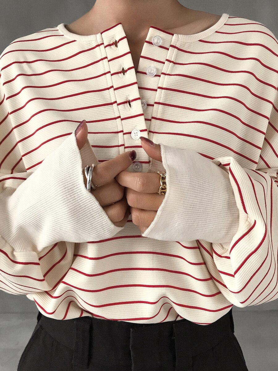FRIFUL Women's Striped Loose Fit T-Shirt With Cuffed Sleeves - Red - View 1