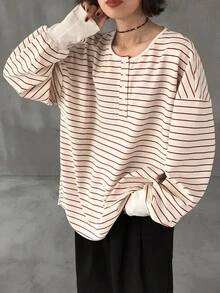 FRIFUL Women's Striped Loose Fit T-Shirt With Cuffed Sleeves - Red - View 3