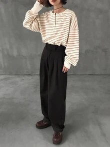 FRIFUL Women's Striped Loose Fit T-Shirt With Cuffed Sleeves - Red - View 2