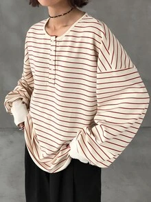 FRIFUL Women's Striped Loose Fit T-Shirt With Cuffed Sleeves - Red - View 6