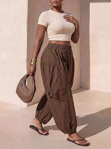 Zivah Plus Size Women Solid Color Elastic Waist Loose Tapered Pants - Mustard Yellow - View 6