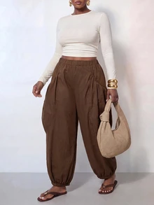Zivah Plus Size Women Solid Color Elastic Waist Loose Tapered Pants - Mustard Yellow - View 4