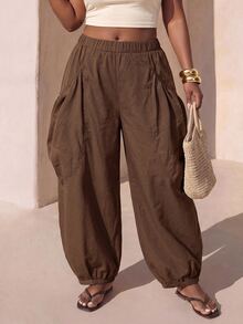 Zivah Plus Size Women Solid Color Elastic Waist Loose Tapered Pants - Mustard Yellow - View 9