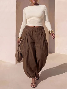 Zivah Plus Size Women Solid Color Elastic Waist Loose Tapered Pants - Mustard Yellow - View 8